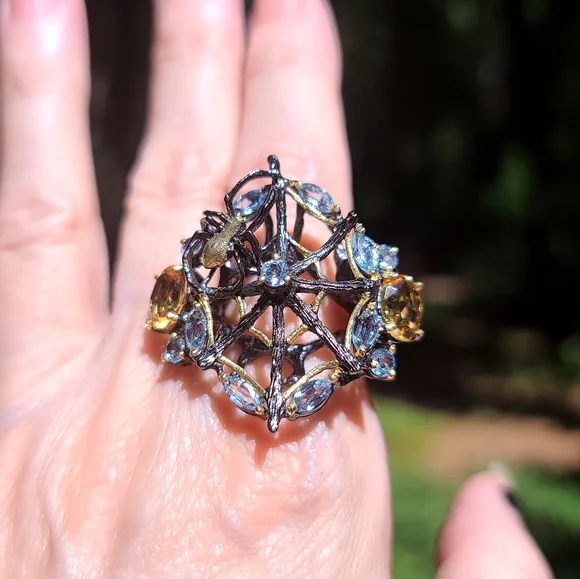 Topaz & Citrine sterling & gold Rhodium 🕷 spider on 🕸 web cocktail ring sz8.5
